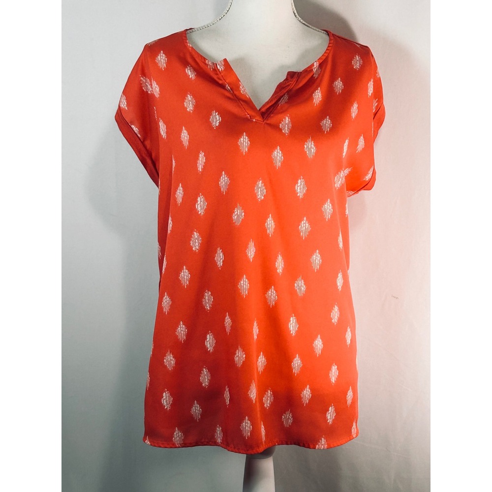 Papermoon Orange Ikat Diamond Print V-Neck Mixed Media Blouse Top Large